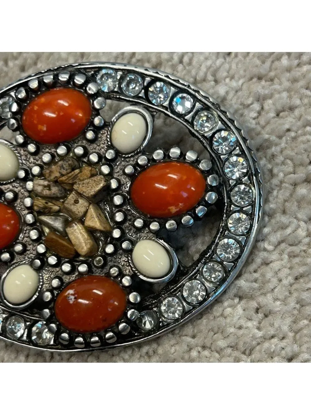 Olsen Europe camel brown orange stone crystal rhinestone buckle leather belt 8